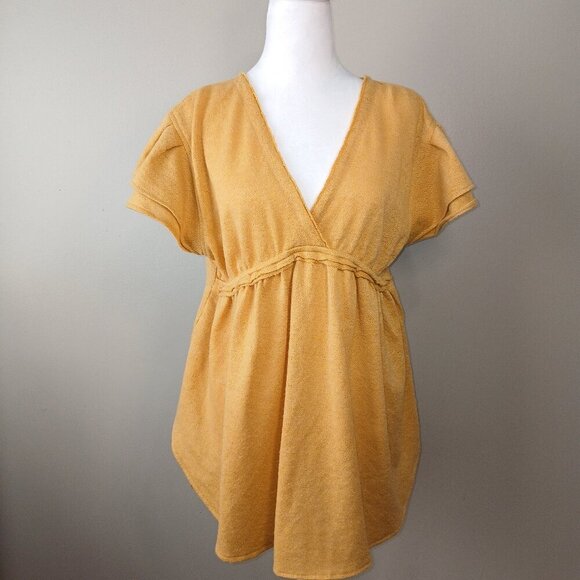 ANDREE BY UNIT, MUSTARD YELLOW TOP, VNECK, GATHERED WAIST, SIZE LARGE - Picture 1 of 7
